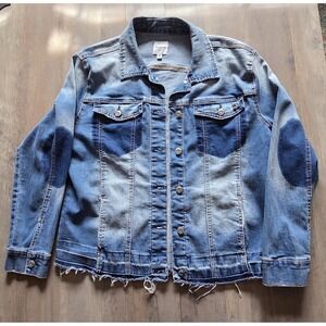 Kensie Distressed Jean Jacket Women M Denim Blue Long Sleeve Patches
